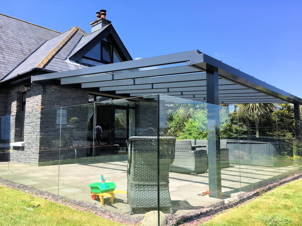 Anthracite Grey Contemporary Veranda in Lancashire, with Glass Balustrade 